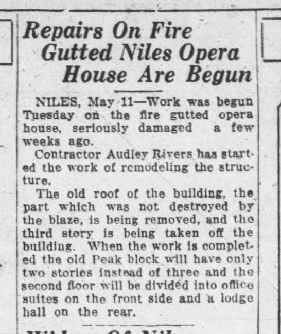 Niles Opera House - 11 May 1927 Fire (newer photo)